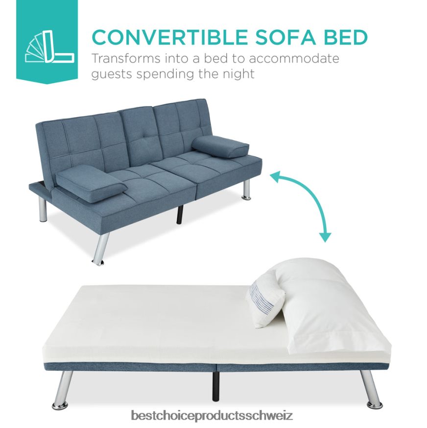 Best Choice Products Ausziehbares Futon-Schlafsofa mit Leinenpolsterung und 2 Getränkehaltern Blau 2JD022613