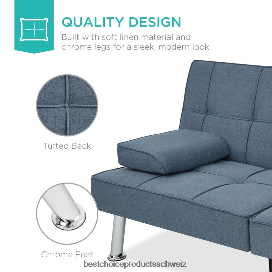 Best Choice Products Ausziehbares Futon-Schlafsofa mit Leinenpolsterung und 2 Getränkehaltern Blau 2JD022613