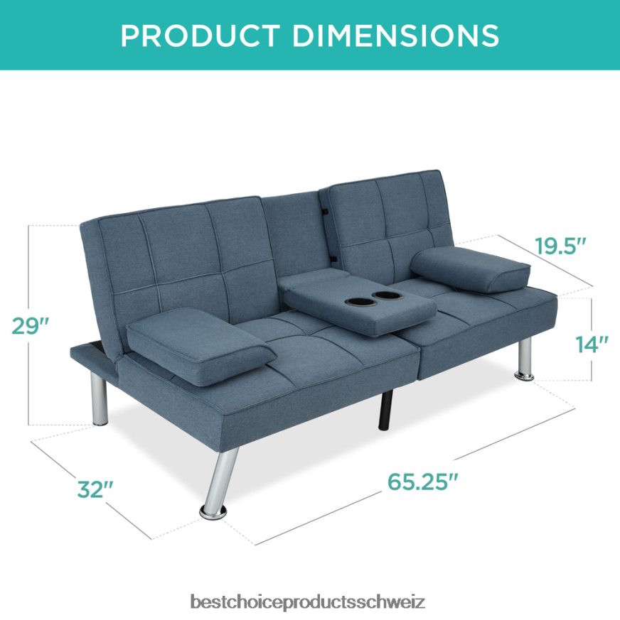Best Choice Products Ausziehbares Futon-Schlafsofa mit Leinenpolsterung und 2 Getränkehaltern Blau 2JD022613