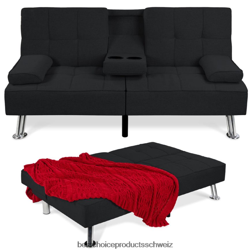 Best Choice Products Ausziehbares Futon-Schlafsofa mit Leinenpolsterung und 2 Getränkehaltern Schwarz 2JD022612