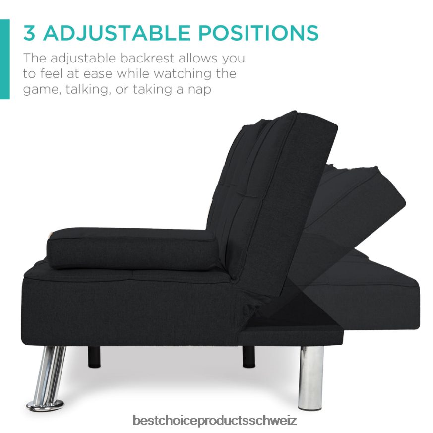 Best Choice Products Ausziehbares Futon-Schlafsofa mit Leinenpolsterung und 2 Getränkehaltern Schwarz 2JD022612