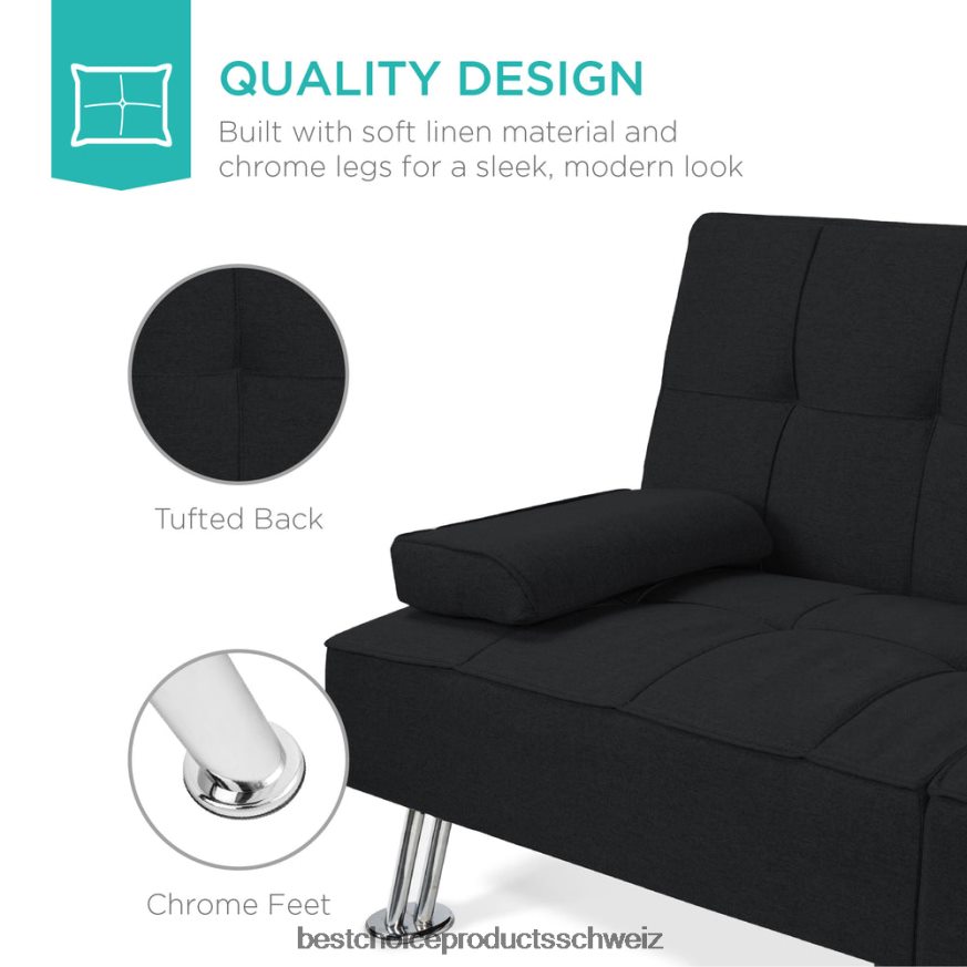 Best Choice Products Ausziehbares Futon-Schlafsofa mit Leinenpolsterung und 2 Getränkehaltern Schwarz 2JD022612