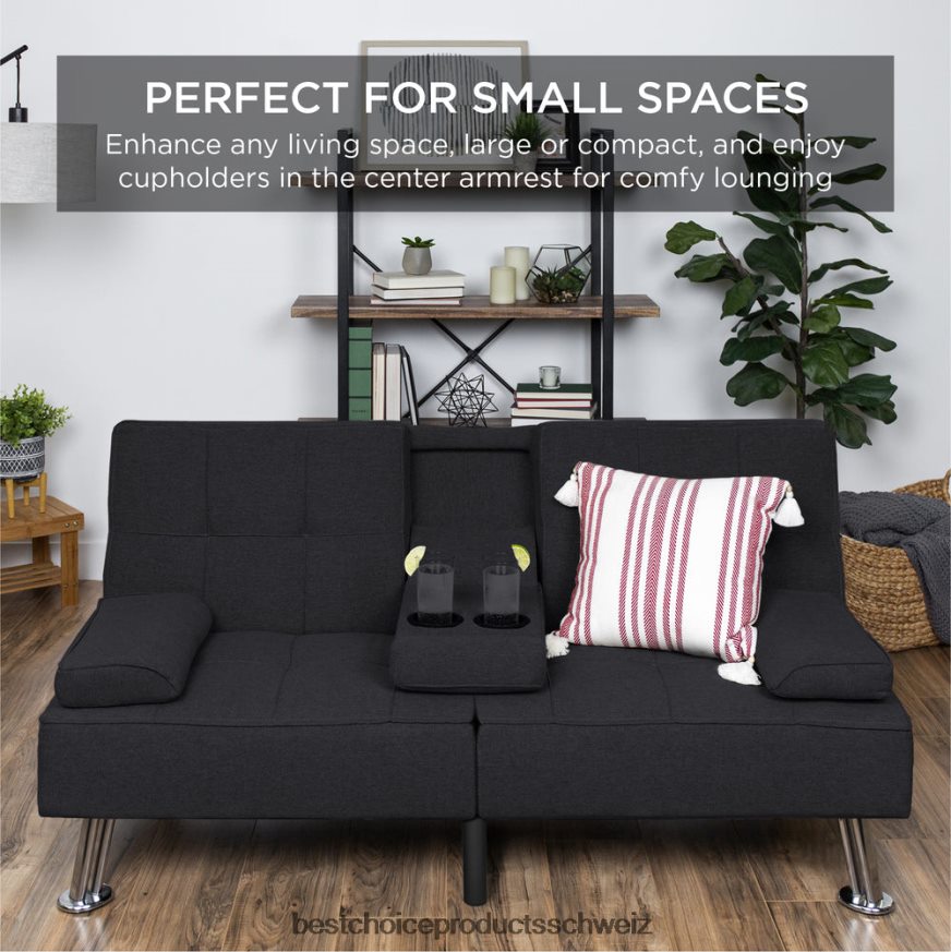 Best Choice Products Ausziehbares Futon-Schlafsofa mit Leinenpolsterung und 2 Getränkehaltern Schwarz 2JD022612
