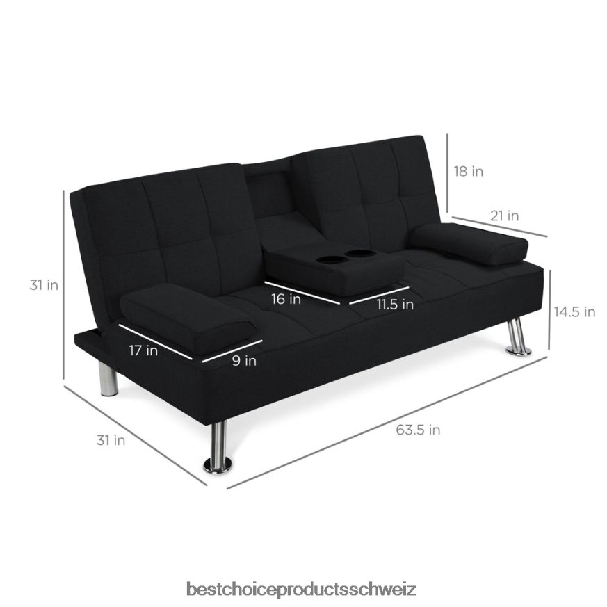 Best Choice Products Ausziehbares Futon-Schlafsofa mit Leinenpolsterung und 2 Getränkehaltern Schwarz 2JD022612