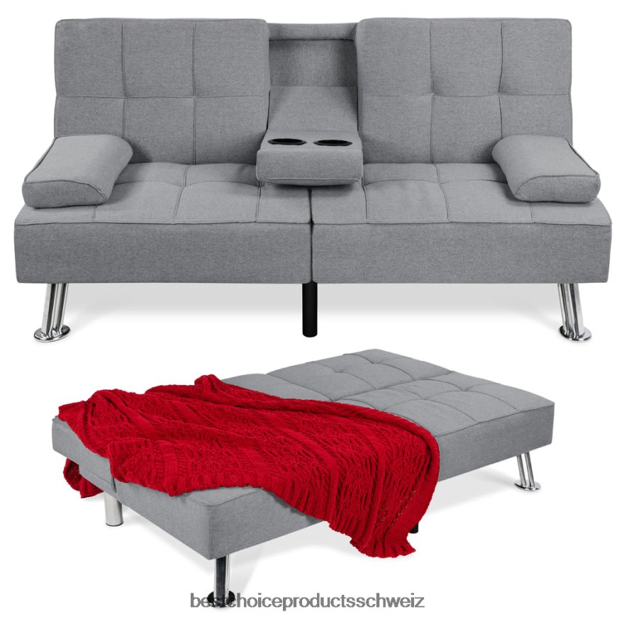Best Choice Products Ausziehbares Futon-Schlafsofa mit Leinenpolsterung und 2 Getränkehaltern grau 2JD022611