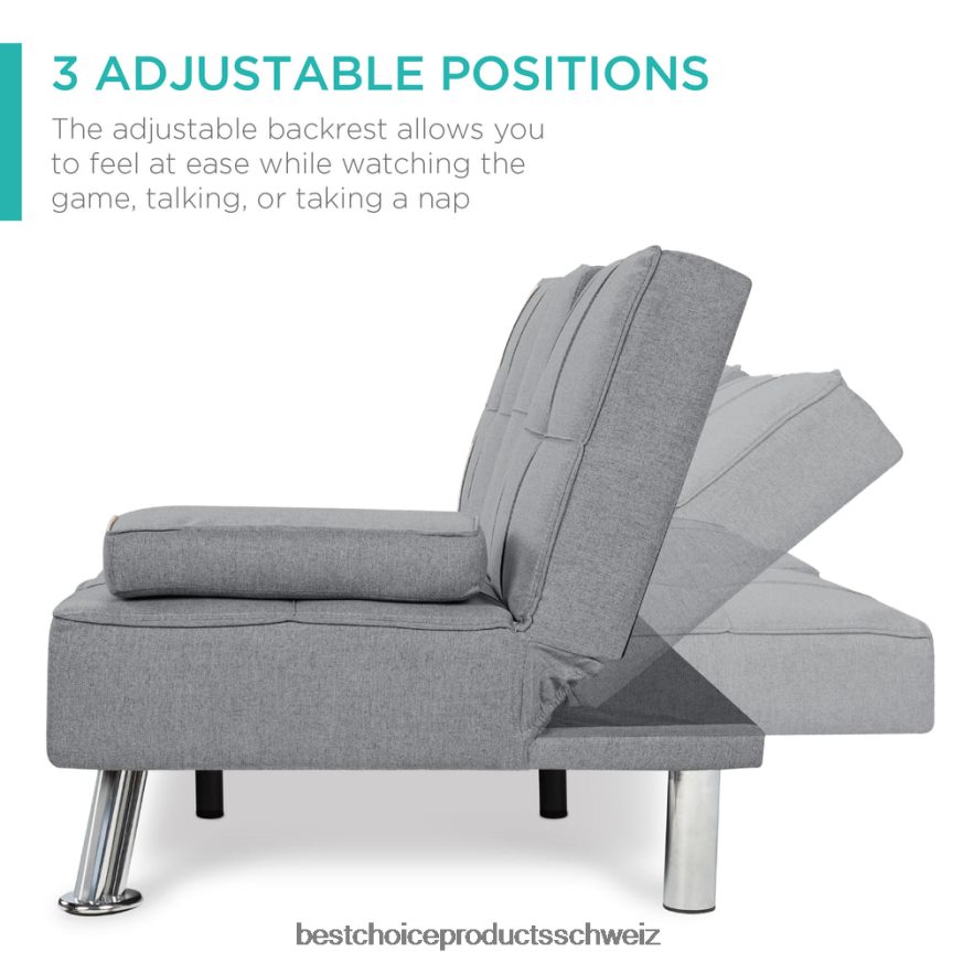 Best Choice Products Ausziehbares Futon-Schlafsofa mit Leinenpolsterung und 2 Getränkehaltern grau 2JD022611