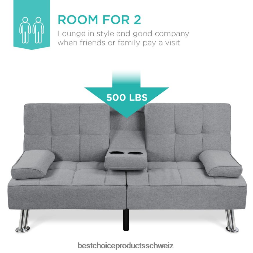 Best Choice Products Ausziehbares Futon-Schlafsofa mit Leinenpolsterung und 2 Getränkehaltern grau 2JD022611