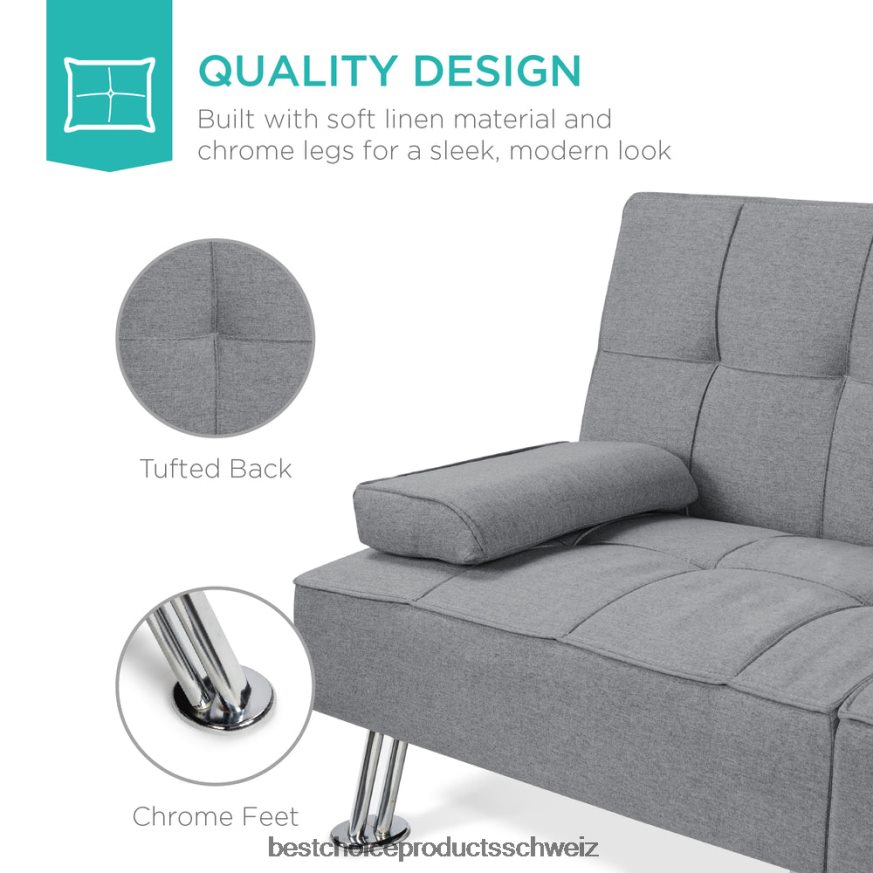 Best Choice Products Ausziehbares Futon-Schlafsofa mit Leinenpolsterung und 2 Getränkehaltern grau 2JD022611