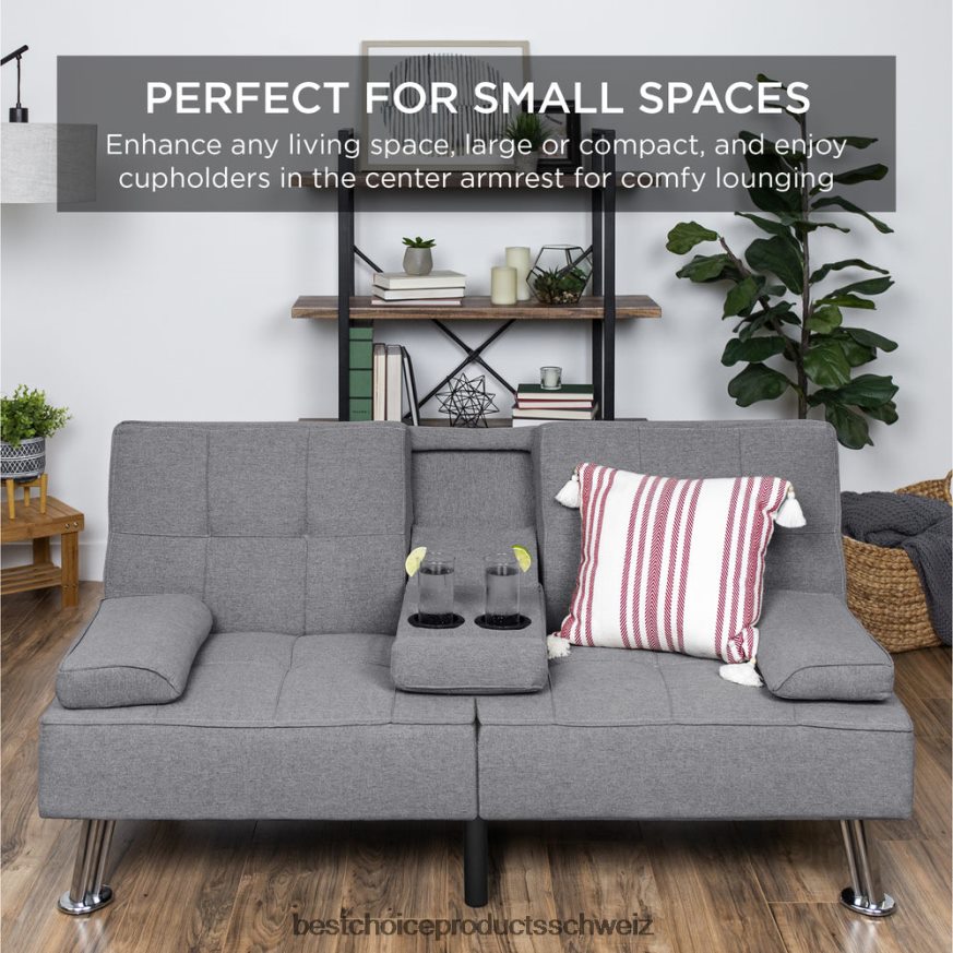 Best Choice Products Ausziehbares Futon-Schlafsofa mit Leinenpolsterung und 2 Getränkehaltern grau 2JD022611