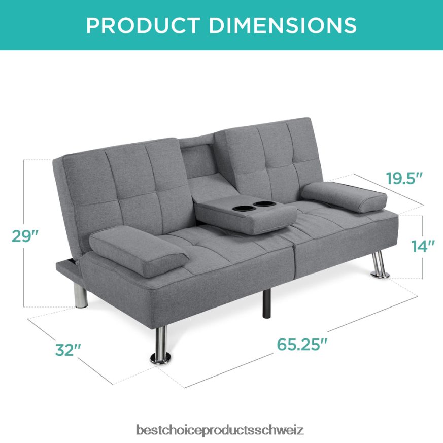 Best Choice Products Ausziehbares Futon-Schlafsofa mit Leinenpolsterung und 2 Getränkehaltern grau 2JD022611