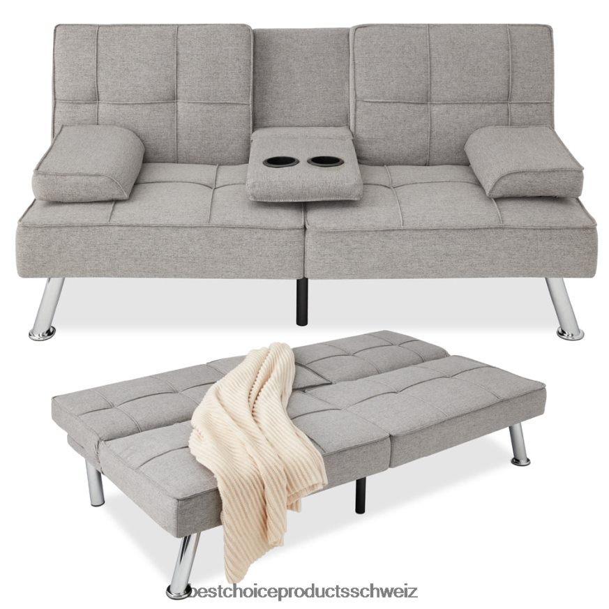 Best Choice Products Ausziehbares Futon-Schlafsofa mit Leinenpolsterung und 2 Getränkehaltern hellgrau 2JD022614
