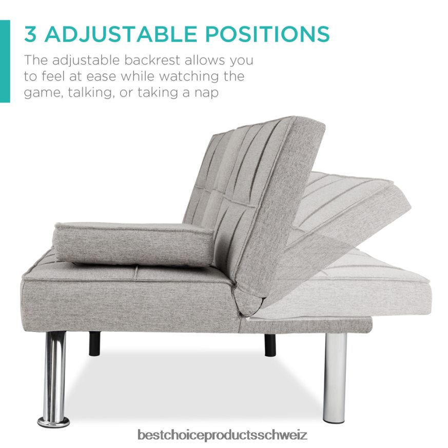 Best Choice Products Ausziehbares Futon-Schlafsofa mit Leinenpolsterung und 2 Getränkehaltern hellgrau 2JD022614