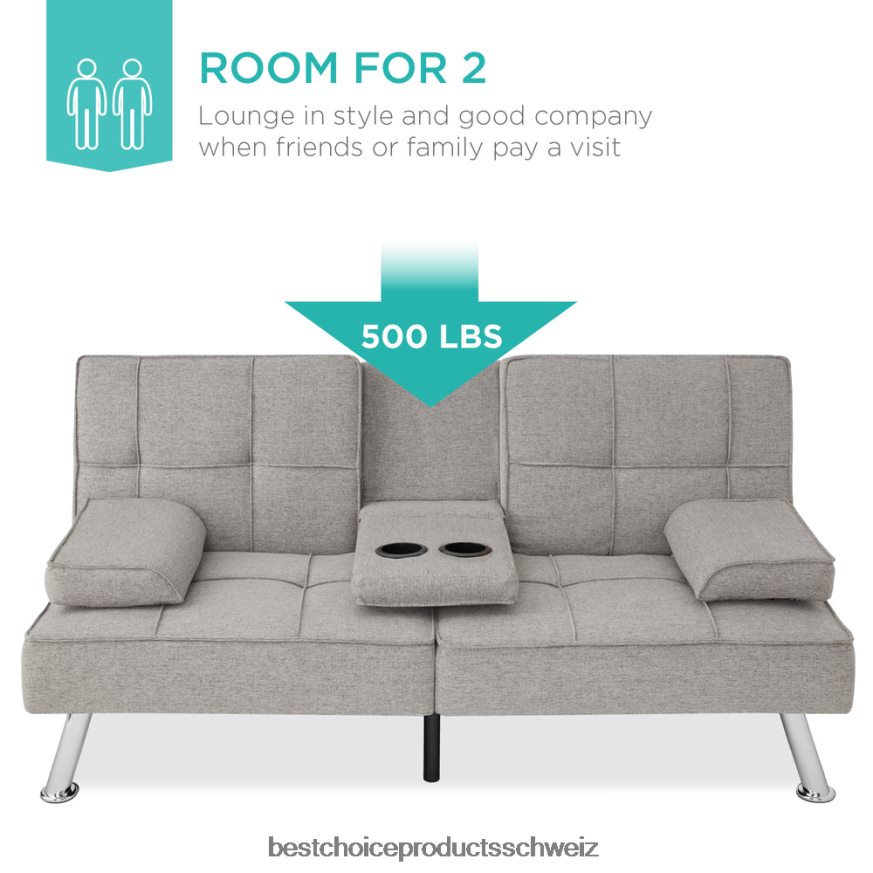 Best Choice Products Ausziehbares Futon-Schlafsofa mit Leinenpolsterung und 2 Getränkehaltern hellgrau 2JD022614