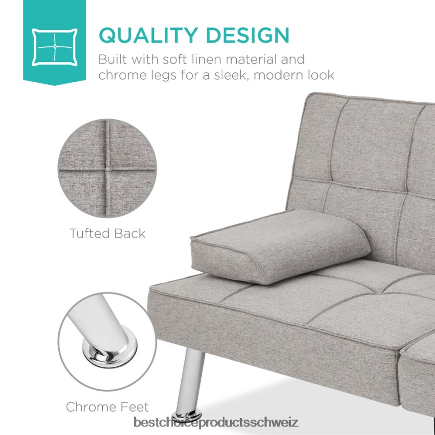 Best Choice Products Ausziehbares Futon-Schlafsofa mit Leinenpolsterung und 2 Getränkehaltern hellgrau 2JD022614