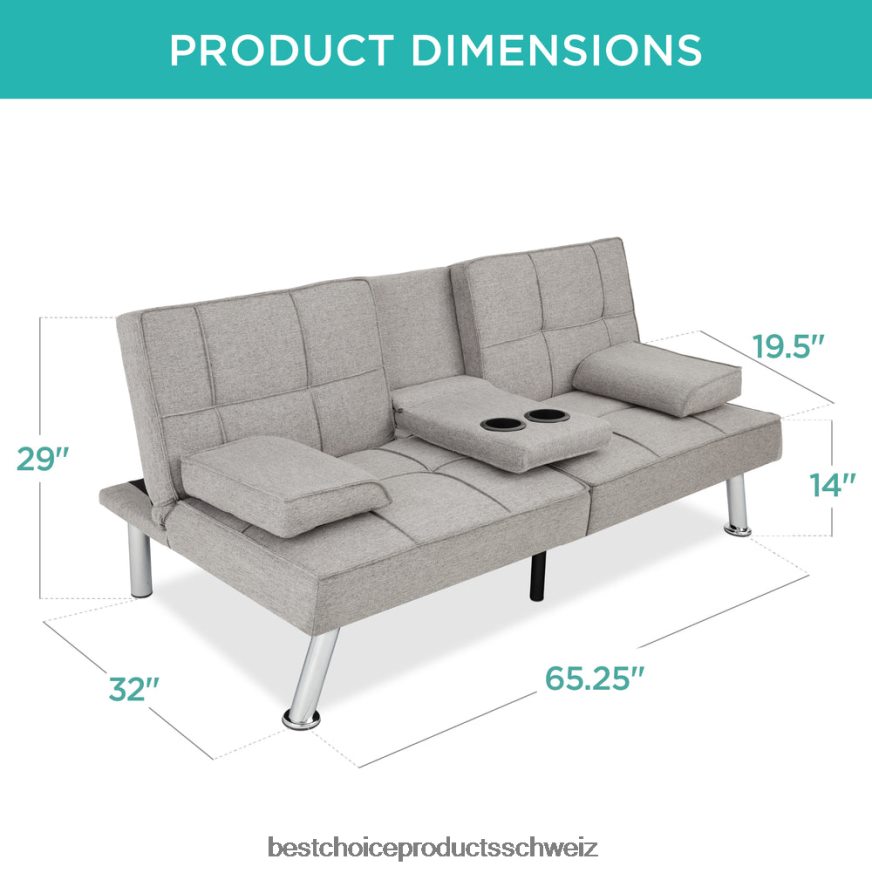 Best Choice Products Ausziehbares Futon-Schlafsofa mit Leinenpolsterung und 2 Getränkehaltern hellgrau 2JD022614