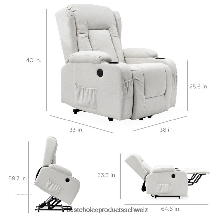 Best Choice Products Elektrisch verstellbarer Massagesessel mit Heizung, USB-Anschluss und Getränkehaltern Elfenbein 2JD022341