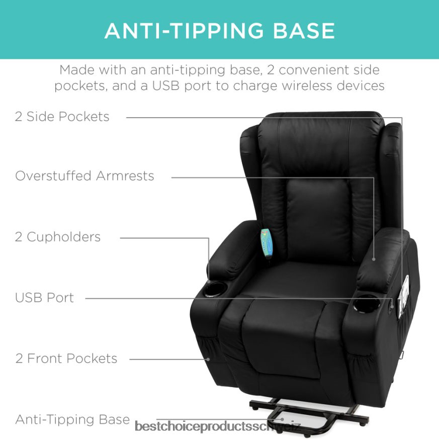 Best Choice Products Elektrisch verstellbarer Massagesessel mit Heizung, USB-Anschluss und Getränkehaltern Schwarz 2JD022620