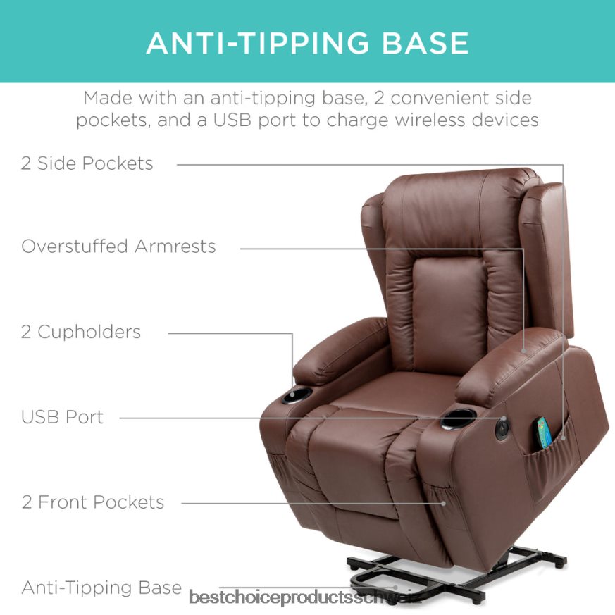 Best Choice Products Elektrisch verstellbarer Massagesessel mit Heizung, USB-Anschluss und Getränkehaltern braun 2JD022621