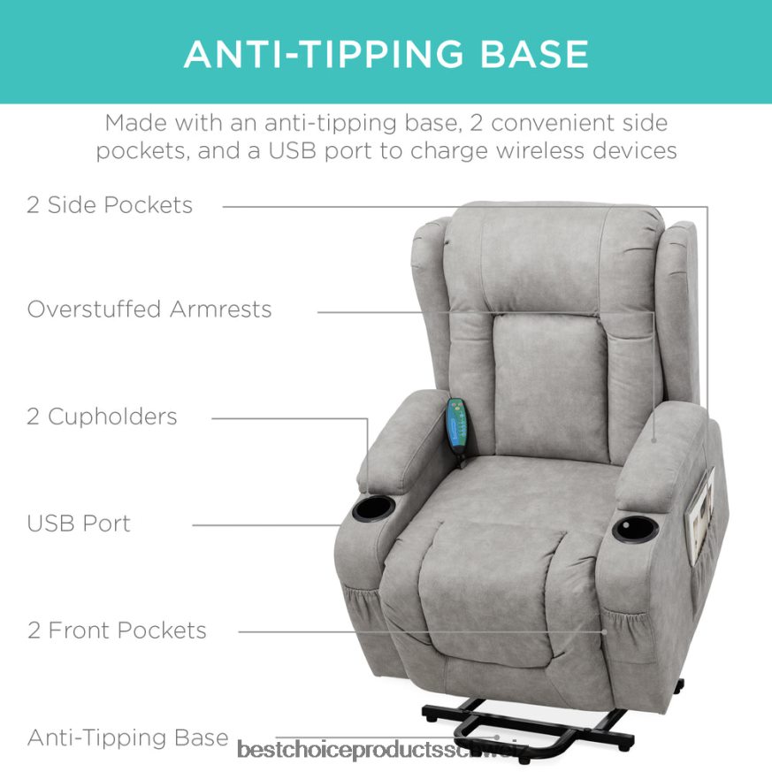 Best Choice Products Elektrisch verstellbarer Massagesessel mit Heizung, USB-Anschluss und Getränkehaltern grau 2JD022625