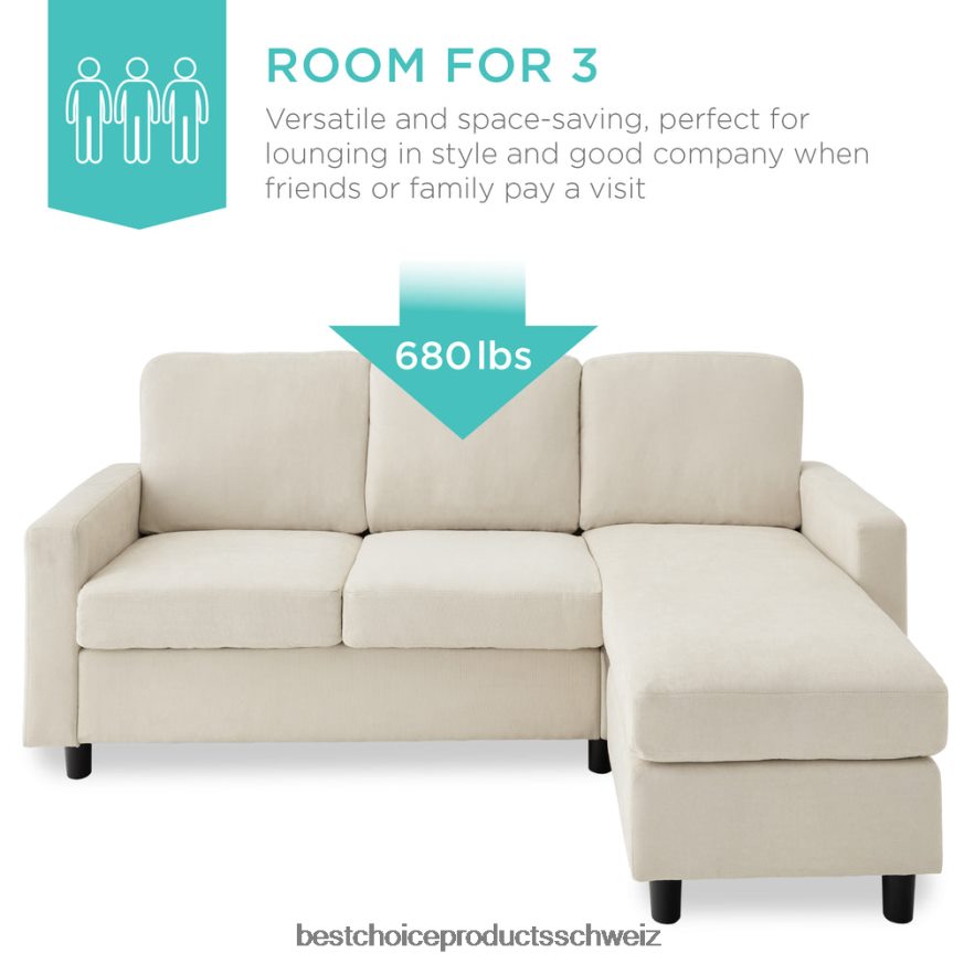 Best Choice Products Gepolsterte Sofagarnitur mit Chaiselongue und umkehrbarer Ottomane Elfenbein 2JD022588
