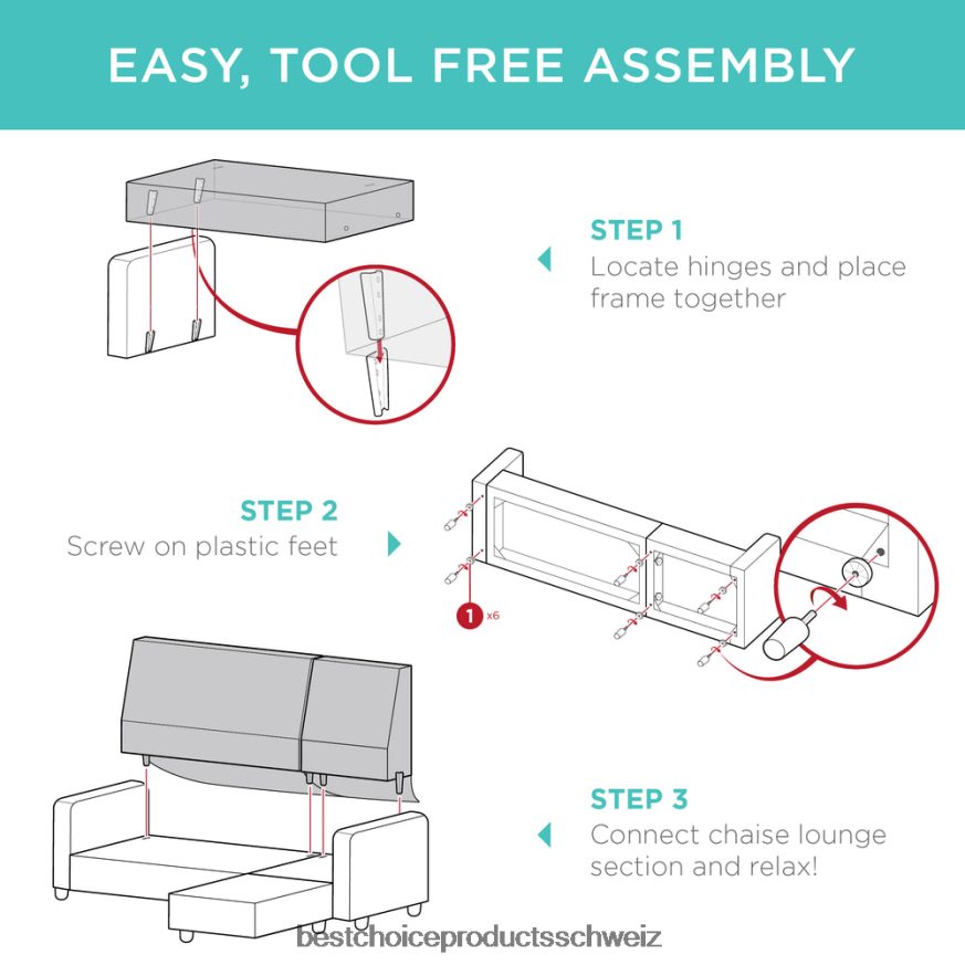 Best Choice Products Gepolsterte Sofagarnitur mit Chaiselongue und umkehrbarer Ottomane Elfenbein 2JD022588