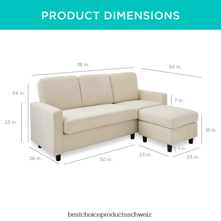 Best Choice Products Gepolsterte Sofagarnitur mit Chaiselongue und umkehrbarer Ottomane Elfenbein 2JD022588