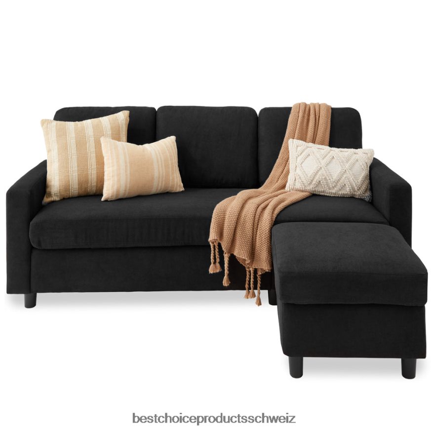 Best Choice Products Gepolsterte Sofagarnitur mit Chaiselongue und umkehrbarer Ottomane Schwarz 2JD022586