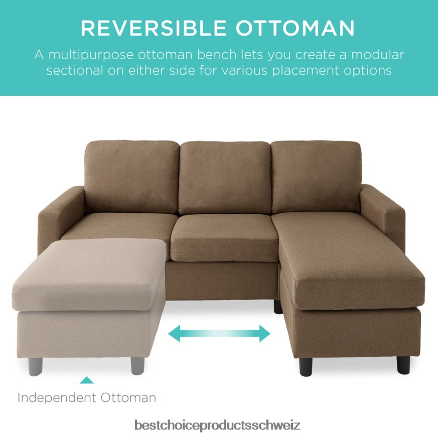 Best Choice Products Gepolsterte Sofagarnitur mit Chaiselongue und umkehrbarer Ottomane braun 2JD022587