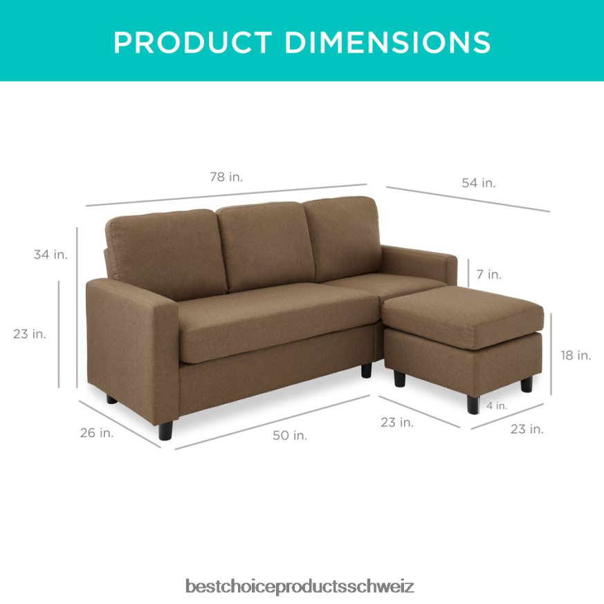 Best Choice Products Gepolsterte Sofagarnitur mit Chaiselongue und umkehrbarer Ottomane braun 2JD022587