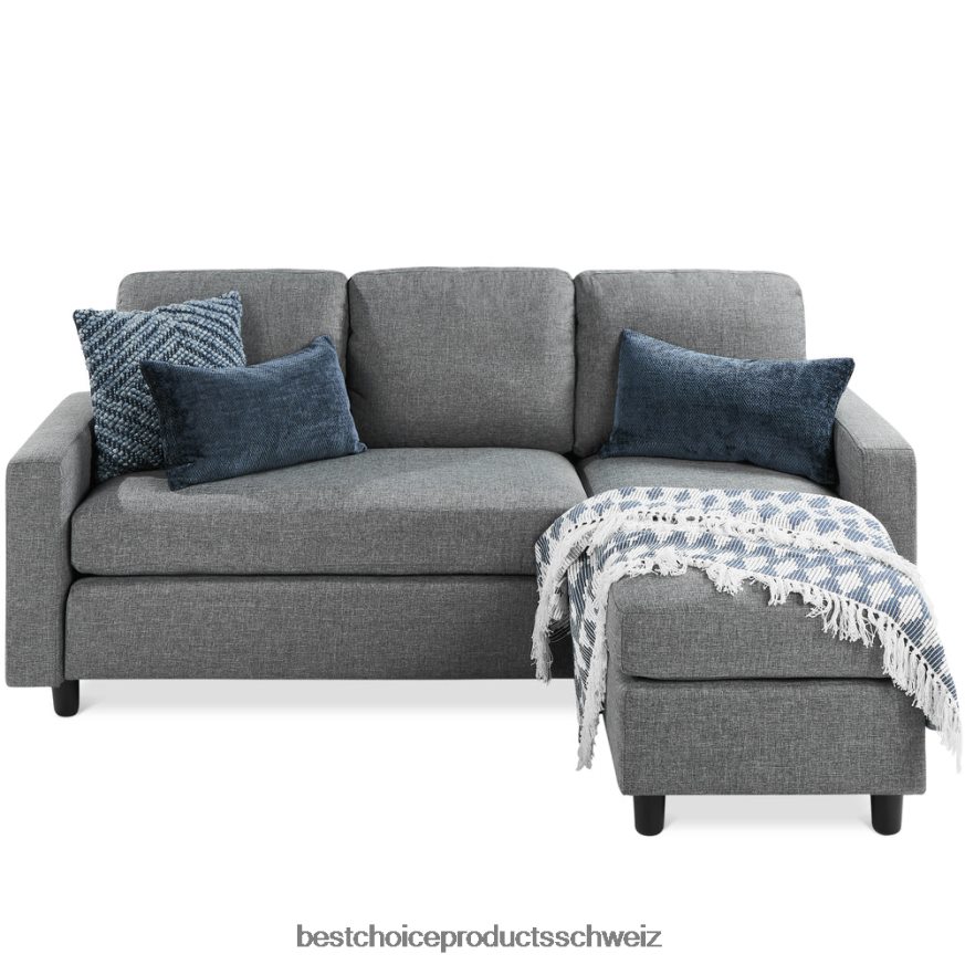 Best Choice Products Gepolsterte Sofagarnitur mit Chaiselongue und umkehrbarer Ottomane grau 2JD022584