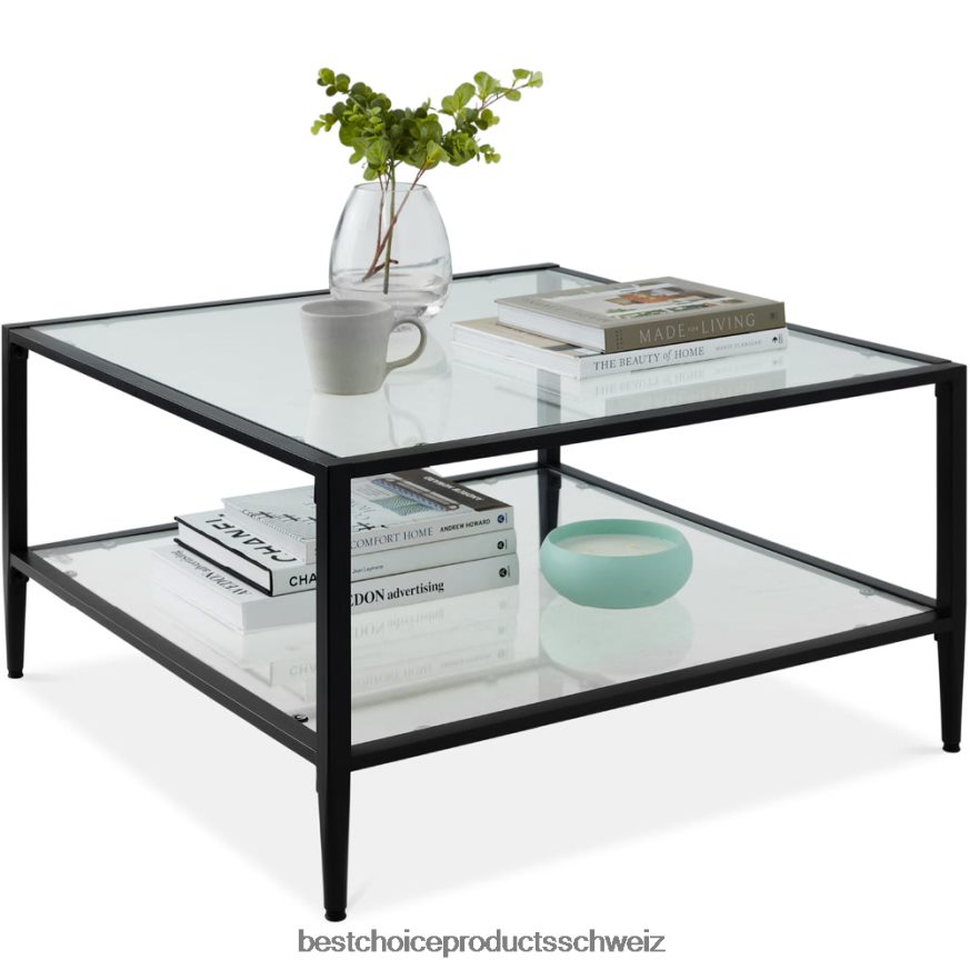 Best Choice Products Großer, quadratischer Couchtisch mit 2 Etagen und Akzent für das Wohnzimmer mit Glasplatte Schwarz 2JD0221254