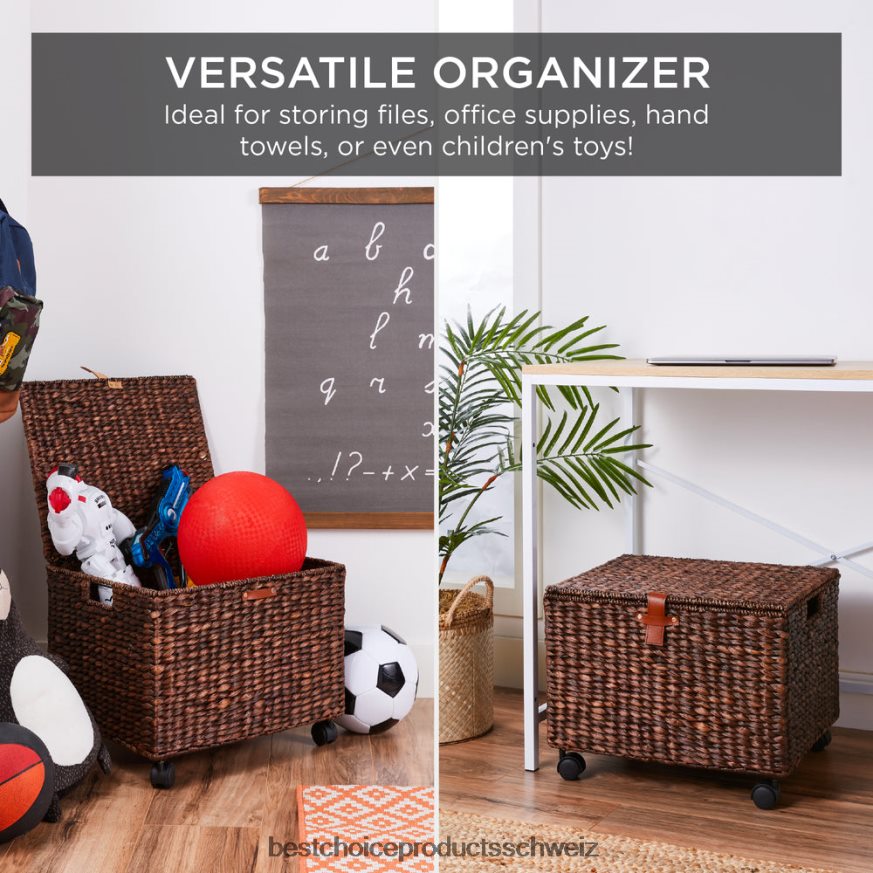 Best Choice Products Mobiler, rollender Aktenschrank-Aufbewahrungskorb aus Wasserhyazinthe mit Deckel und Rädern braun 2JD022693