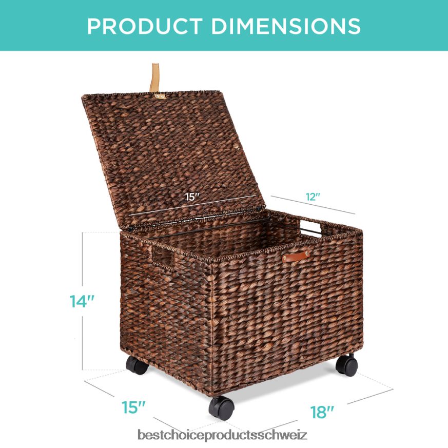 Best Choice Products Mobiler, rollender Aktenschrank-Aufbewahrungskorb aus Wasserhyazinthe mit Deckel und Rädern braun 2JD022693