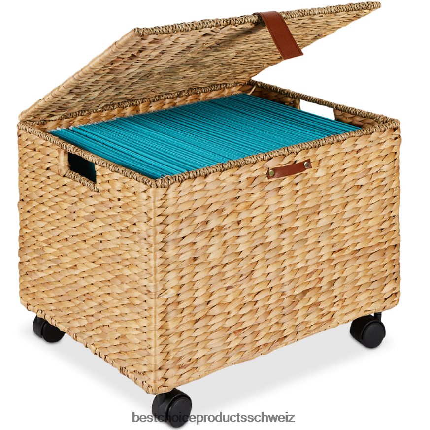 Best Choice Products Mobiler, rollender Aktenschrank-Aufbewahrungskorb aus Wasserhyazinthe mit Deckel und Rädern natürlich 2JD022692