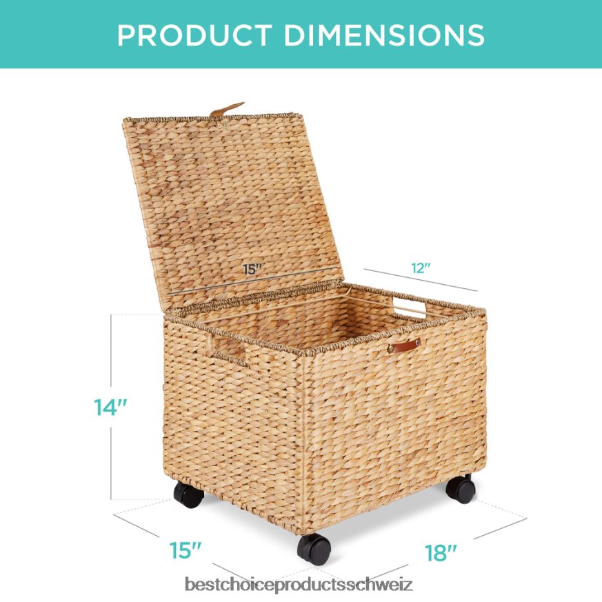 Best Choice Products Mobiler, rollender Aktenschrank-Aufbewahrungskorb aus Wasserhyazinthe mit Deckel und Rädern natürlich 2JD022692