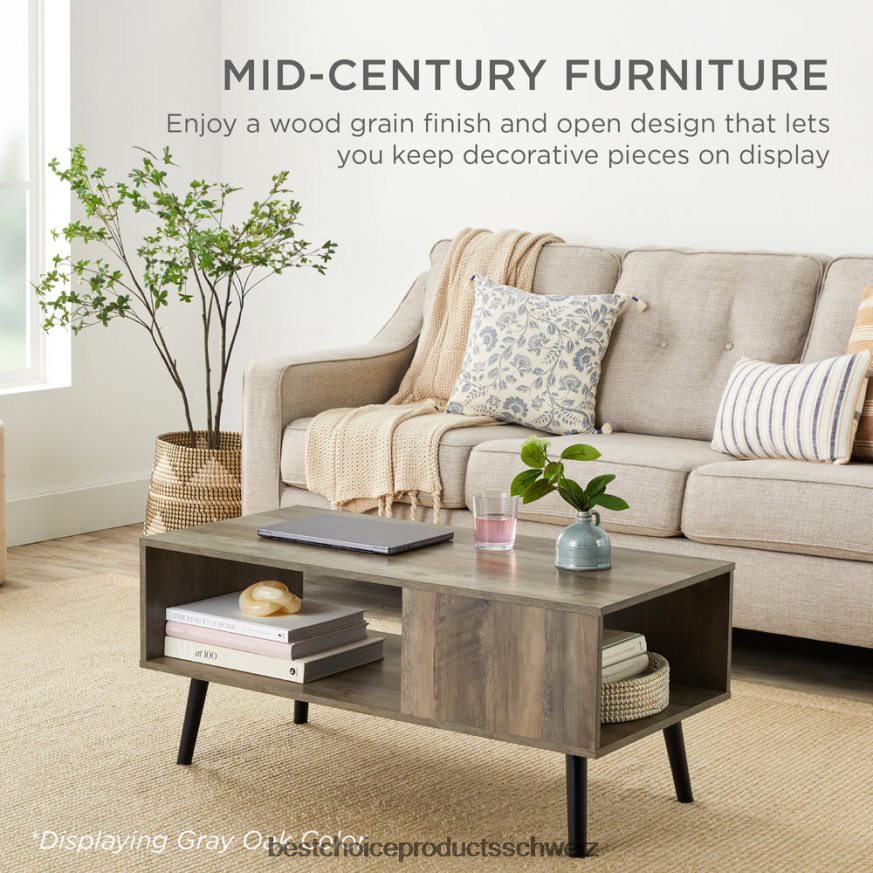 Best Choice Products Moderner Kaffee-Akzenttisch aus Holz aus der Mitte des Jahrhunderts mit offenem Ablagefach grau 2JD022374