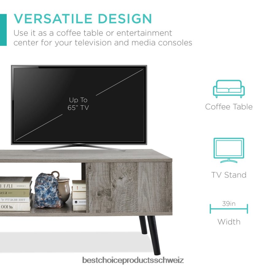 Best Choice Products Moderner Kaffee-Akzenttisch aus Holz aus der Mitte des Jahrhunderts mit offenem Ablagefach grau 2JD022374
