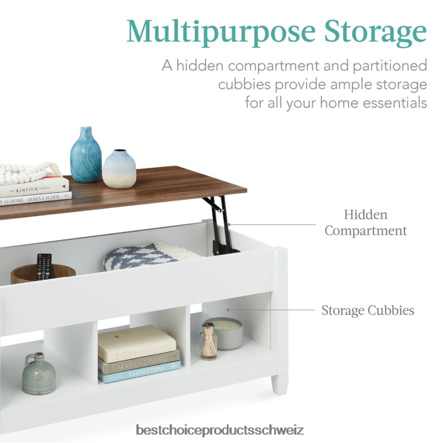 Best Choice Products Multifunktionaler Couchtisch mit Hubplatte, verstecktem Stauraum und 3 Fächern Weiß 2JD022596