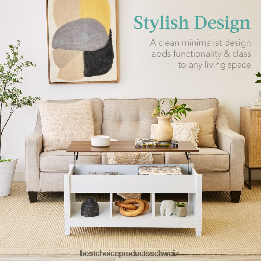 Best Choice Products Multifunktionaler Couchtisch mit Hubplatte, verstecktem Stauraum und 3 Fächern Weiß 2JD022596