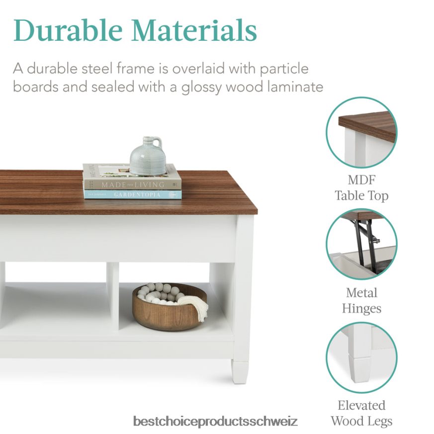 Best Choice Products Multifunktionaler Couchtisch mit Hubplatte, verstecktem Stauraum und 3 Fächern Weiß 2JD022596