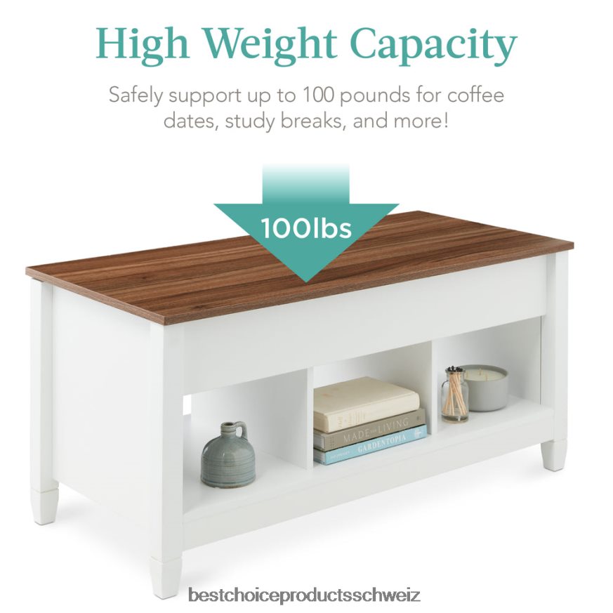 Best Choice Products Multifunktionaler Couchtisch mit Hubplatte, verstecktem Stauraum und 3 Fächern Weiß 2JD022596