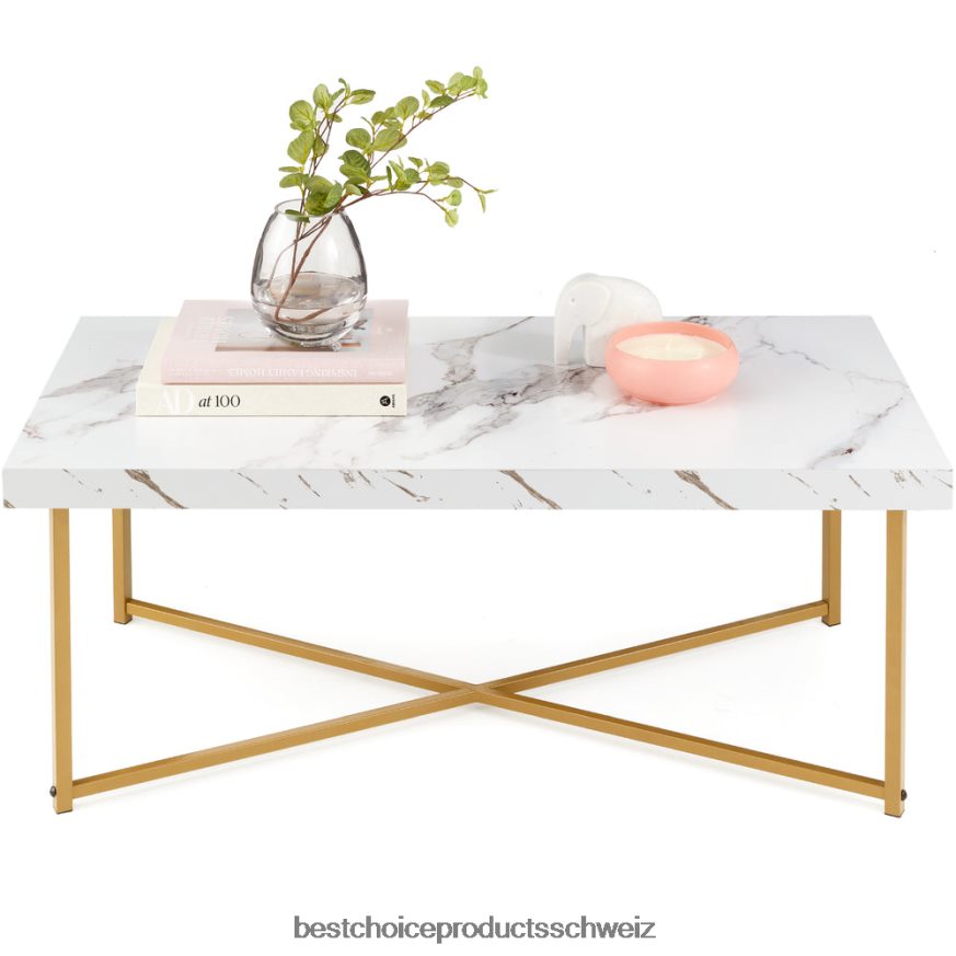 Best Choice Products Rechteckiger Couchtisch mit X-Fuß, Platte aus Kunstmarmor und kratzfesten Füßen Weiß-/Bronzegold 2JD022362