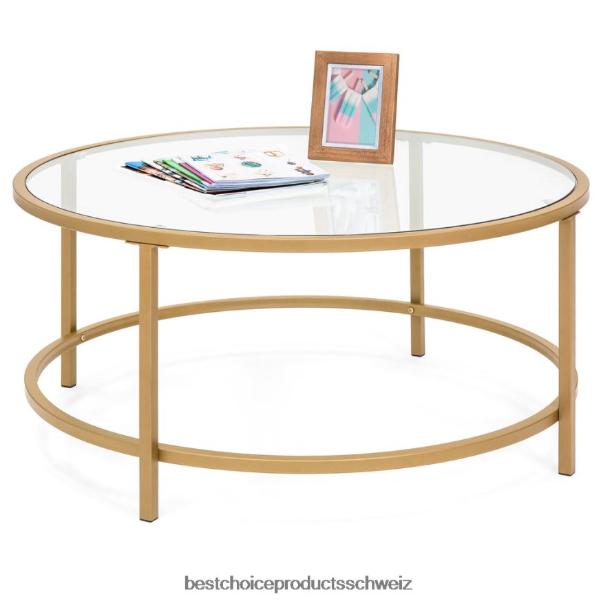 Best Choice Products Runder Couchtisch aus gehärtetem Glas mit Stahlgestell Gold 2JD0221241