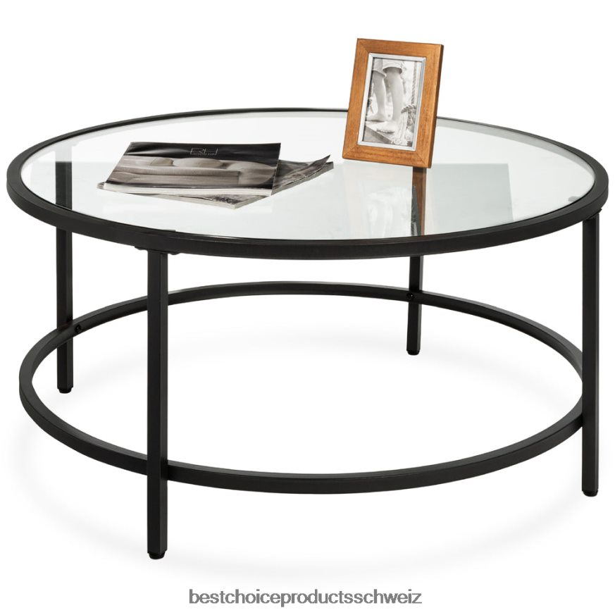 Best Choice Products Runder Couchtisch aus gehärtetem Glas mit Stahlgestell Schwarz 2JD0221242