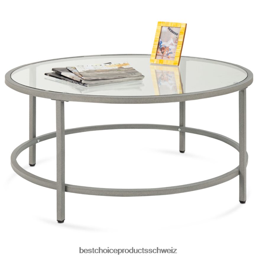 Best Choice Products Runder Couchtisch aus gehärtetem Glas mit Stahlgestell grau 2JD0221243