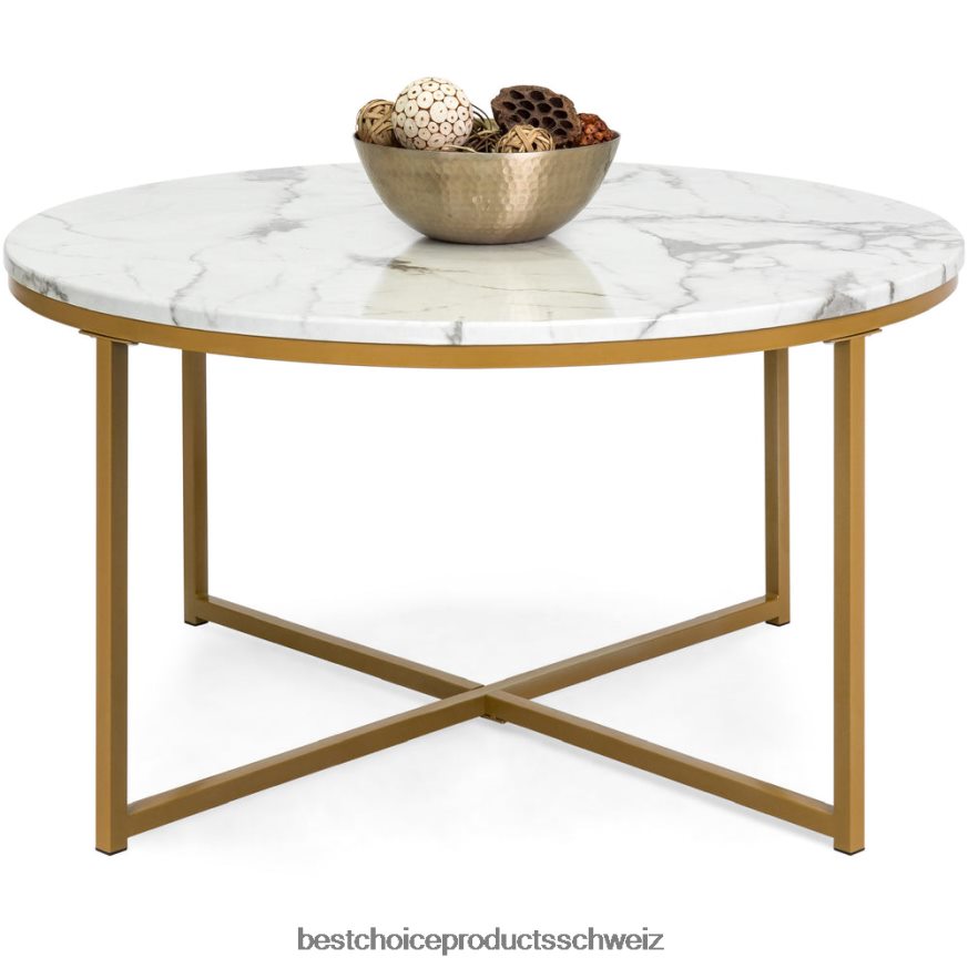 Best Choice Products Runder Couchtisch mit Platte aus Kunstmarmor und Metallgestell Gold 2JD022652