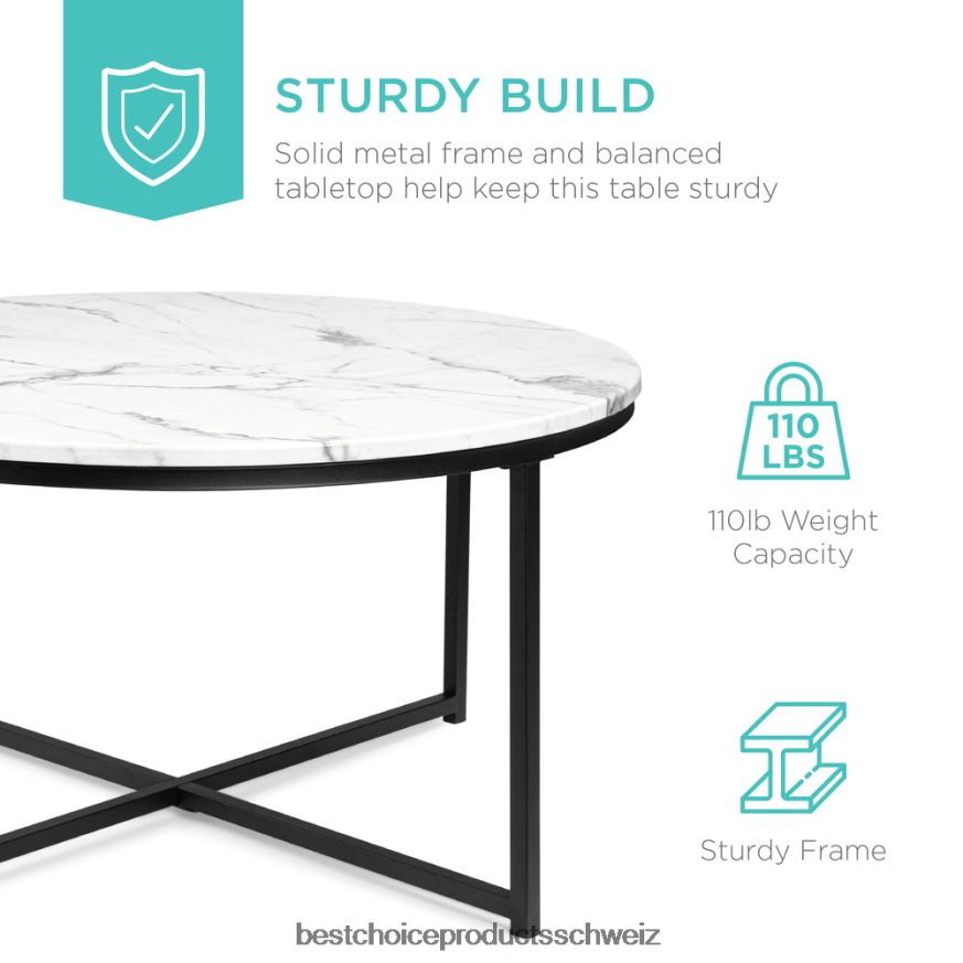 Best Choice Products Runder Couchtisch mit Platte aus Kunstmarmor und Metallgestell Schwarz 2JD022654