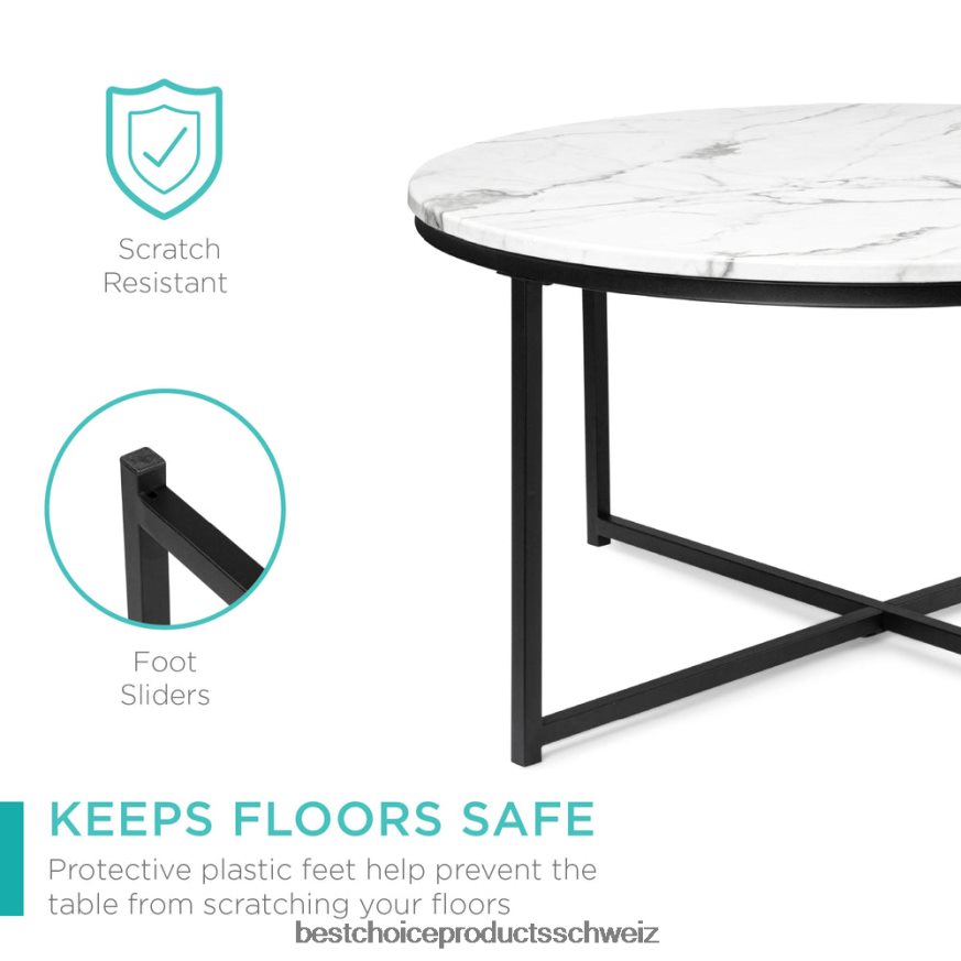 Best Choice Products Runder Couchtisch mit Platte aus Kunstmarmor und Metallgestell Schwarz 2JD022654