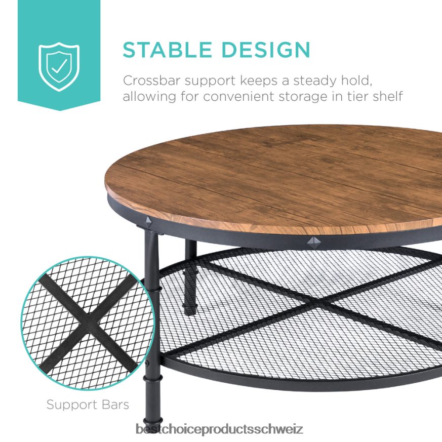 Best Choice Products Runder Industrie-Couchtisch aus Holz und Stahl mit 2 Ebenen und Ablagefächern braun 2JD022355