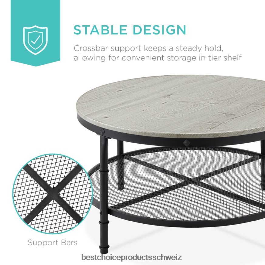 Best Choice Products Runder Industrie-Couchtisch aus Holz und Stahl mit 2 Ebenen und Ablagefächern grau 2JD022356